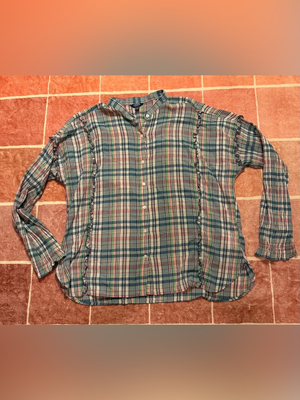 Chaps Plaid Button-Up Blouse in Green and Pink